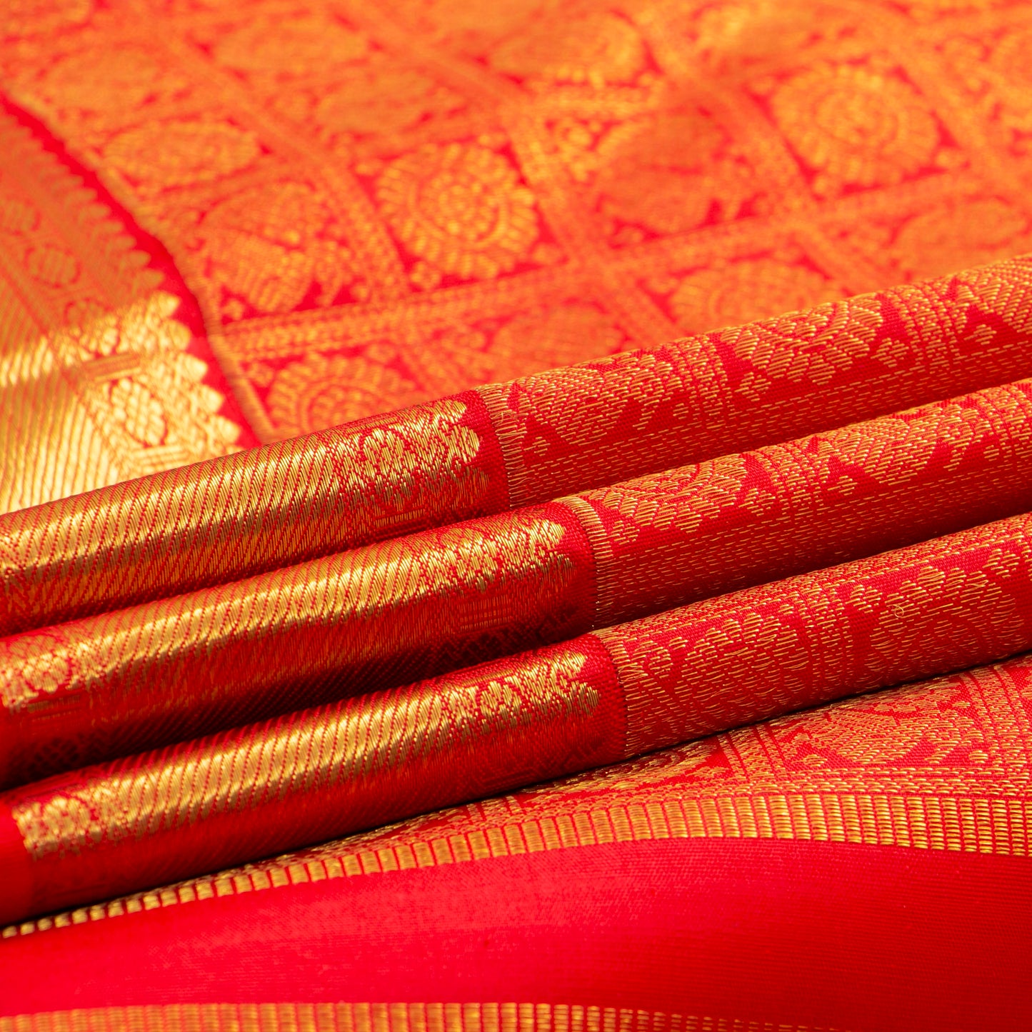 Red Kanchipuram Silk Saree With Chakram And Annam Motifs For Bridal Wedding Wear PV NYC 1733