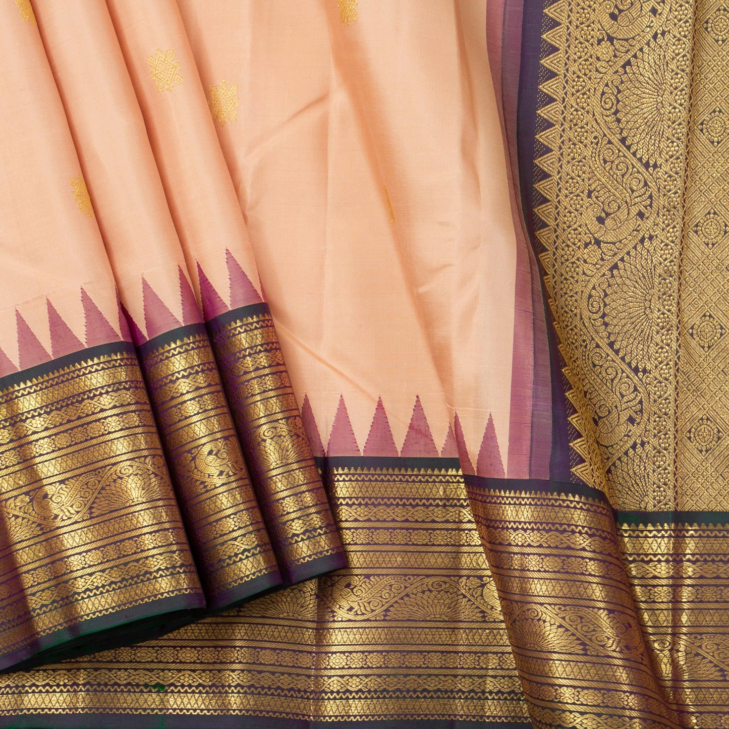 Pastel Peach And Purple Kanchipuram Silk Saree With Temple Korvai Border For Wedding Wear PV NYC 1713