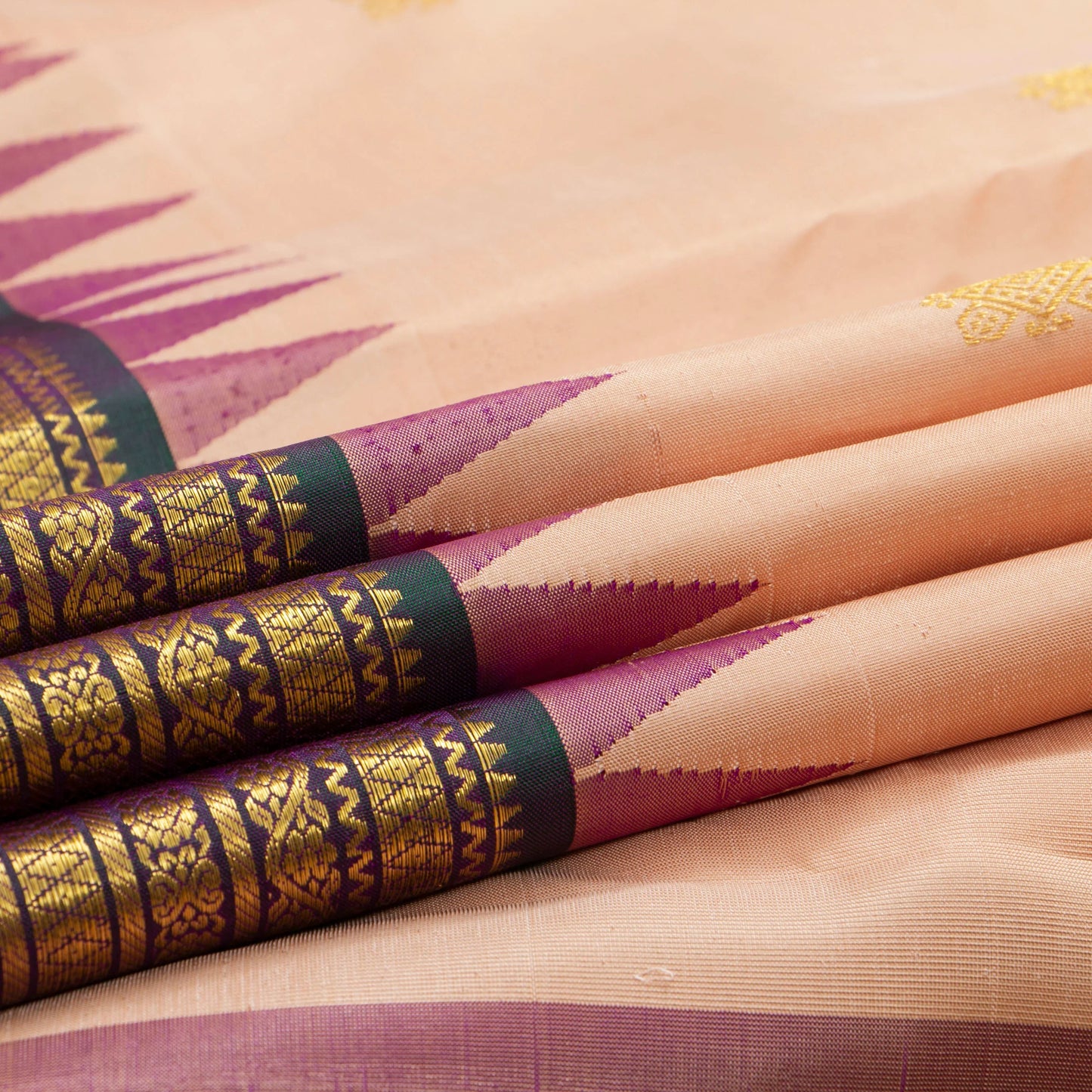 Pastel Peach And Purple Kanchipuram Silk Saree With Temple Korvai Border For Wedding Wear PV NYC 1713