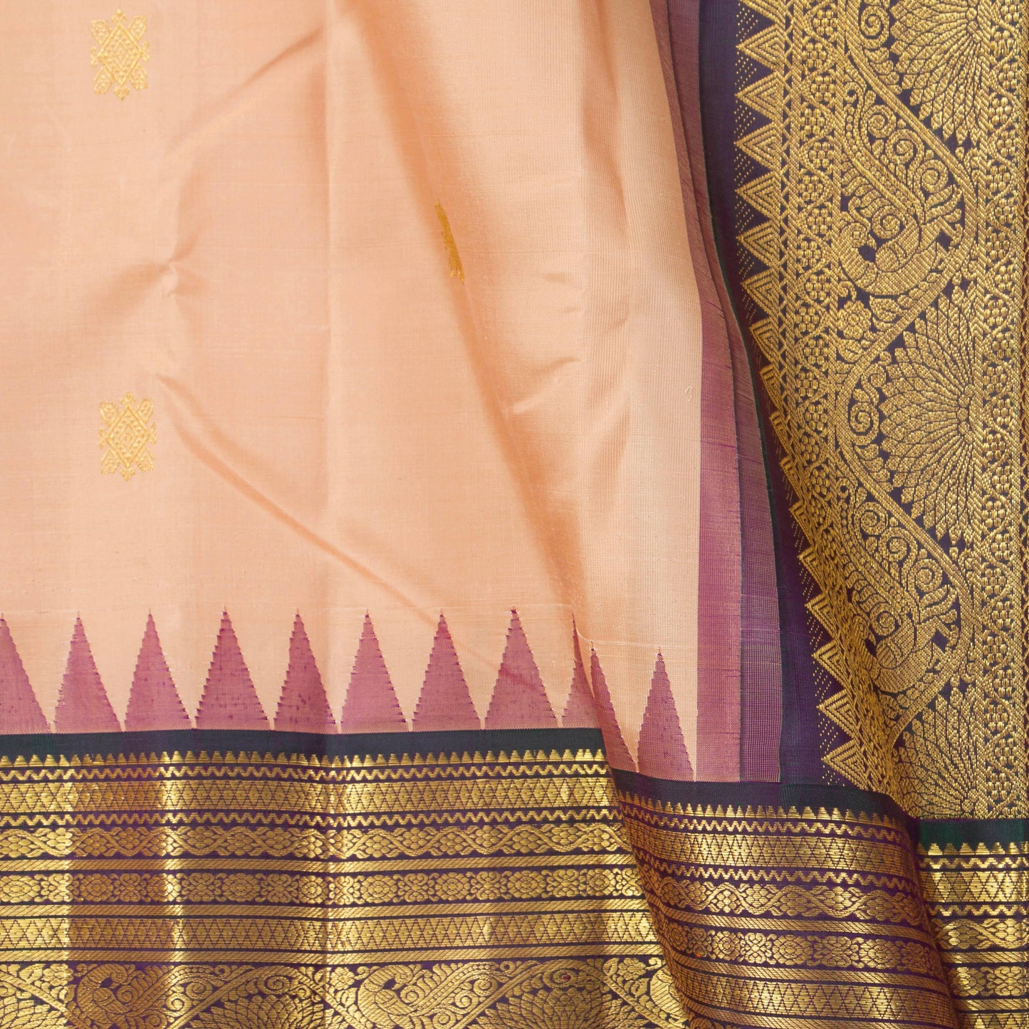 Pastel Peach And Purple Kanchipuram Silk Saree With Temple Korvai Border For Wedding Wear PV NYC 1713