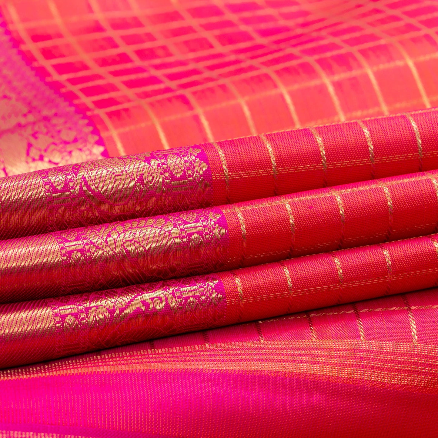 Pink And Orange Dual Shade Kanchipuram Silk Saree With Zari Checks For Wedding Wear PV NYC 1715