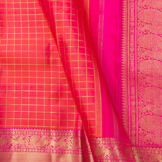 Pink And Orange Dual Shade Kanchipuram Silk Saree With Zari Checks For Wedding Wear PV NYC 1715