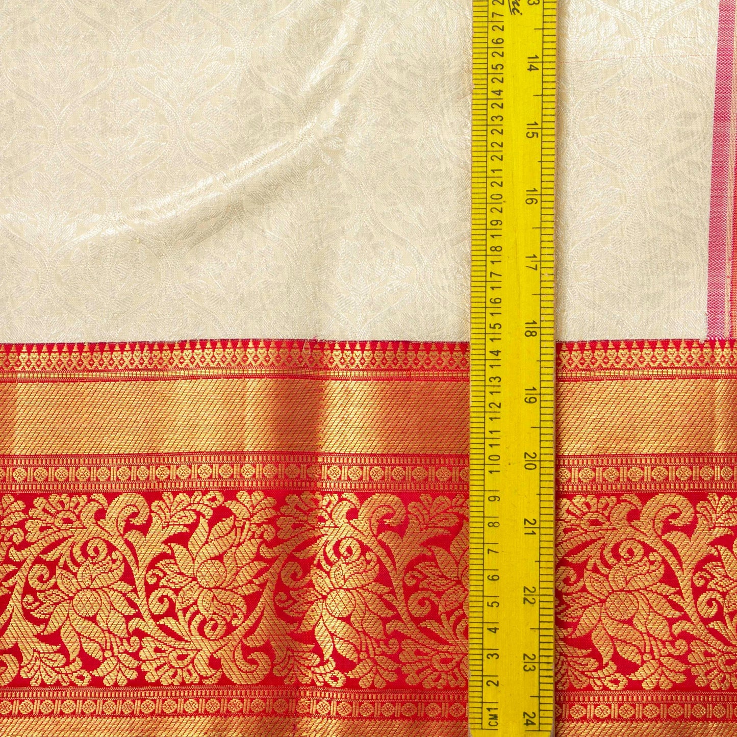 Cream And Red Kanchipuram Silk Saree With Silver Zari Work For Bridal Wear PV NYC 1683