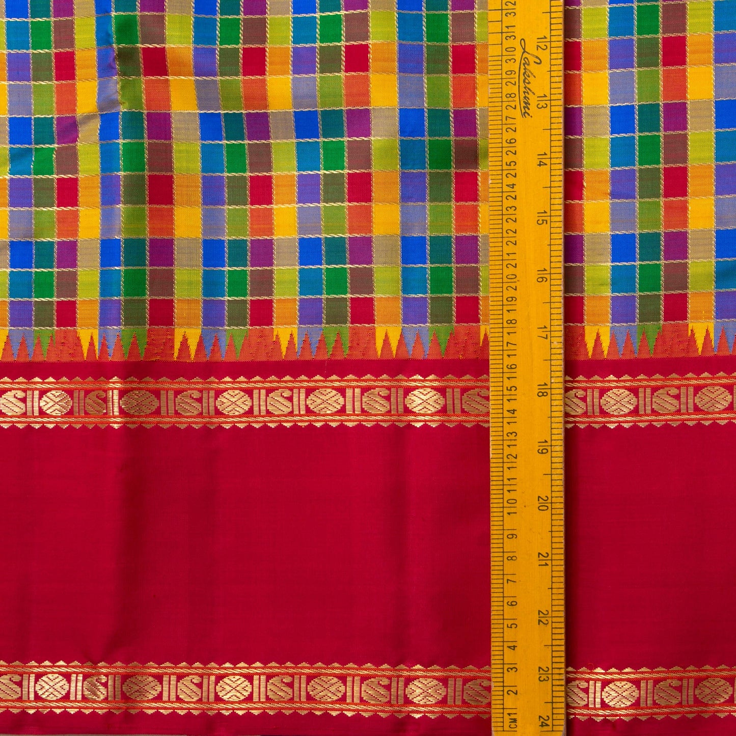 Multicolour Checks Kanchipuram Silk Saree With Red Temple Korvai Border For Wedding Wear PV NYC 1631