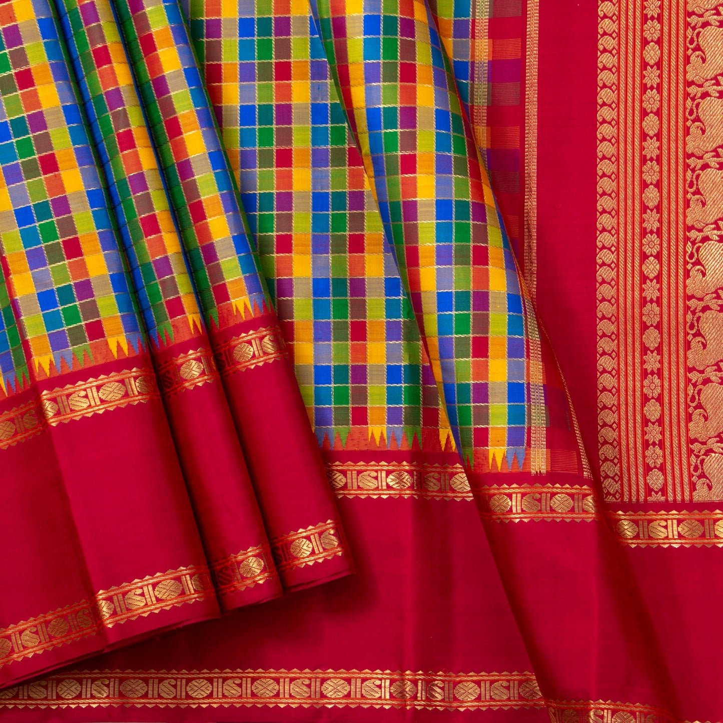 Multicolour Checks Kanchipuram Silk Saree With Red Temple Korvai Border For Wedding Wear PV NYC 1631