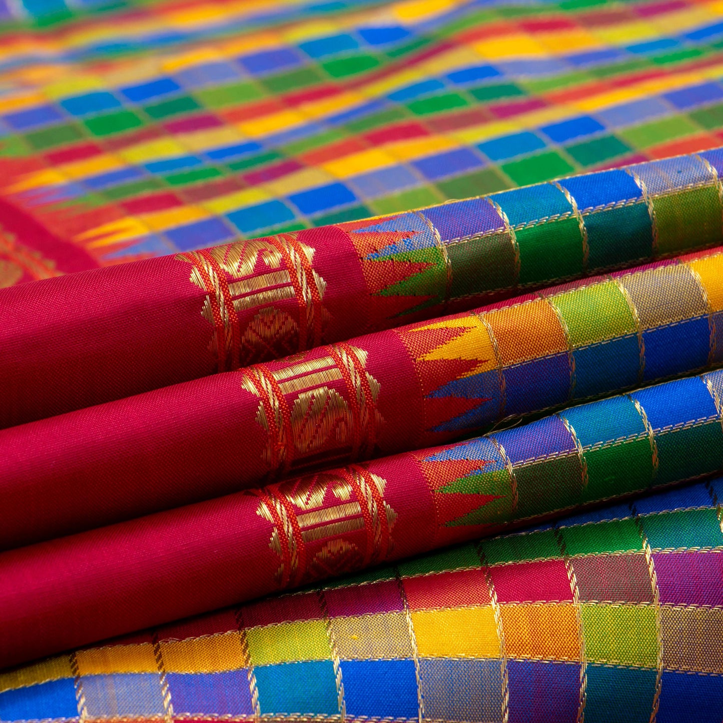 Multicolour Checks Kanchipuram Silk Saree With Red Temple Korvai Border For Wedding Wear PV NYC 1631