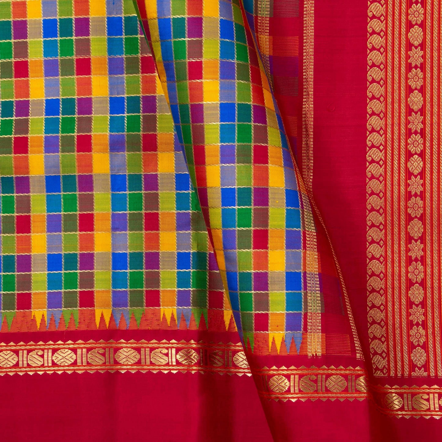 Multicolour Checks Kanchipuram Silk Saree With Red Temple Korvai Border For Wedding Wear PV NYC 1631
