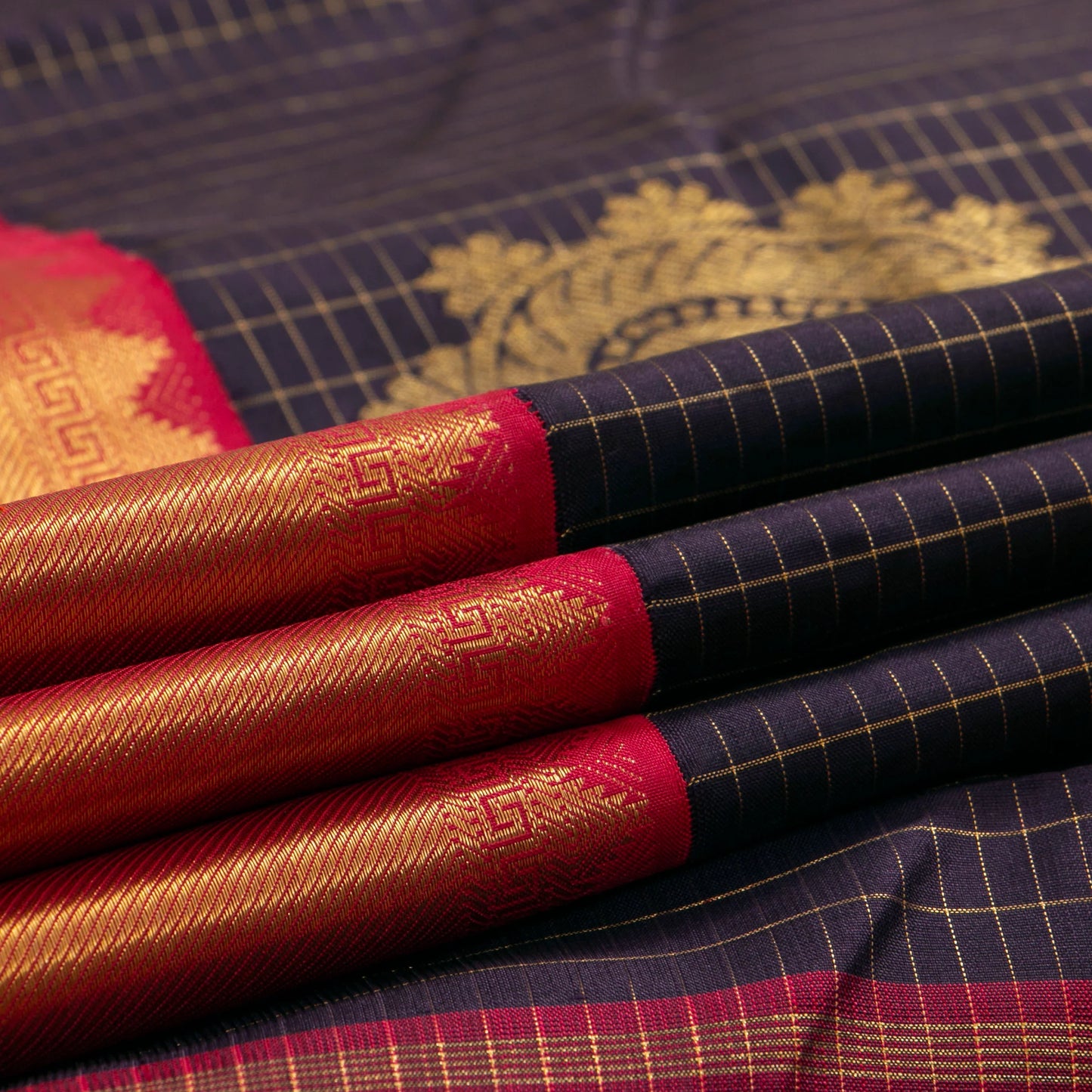Dark Purple And Red Kanchipuram Silk Saree With Zari Checks For Wedding Wear PV NYC 1589