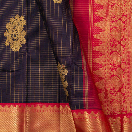 Dark Purple And Red Kanchipuram Silk Saree With Zari Checks For Wedding Wear PV NYC 1589