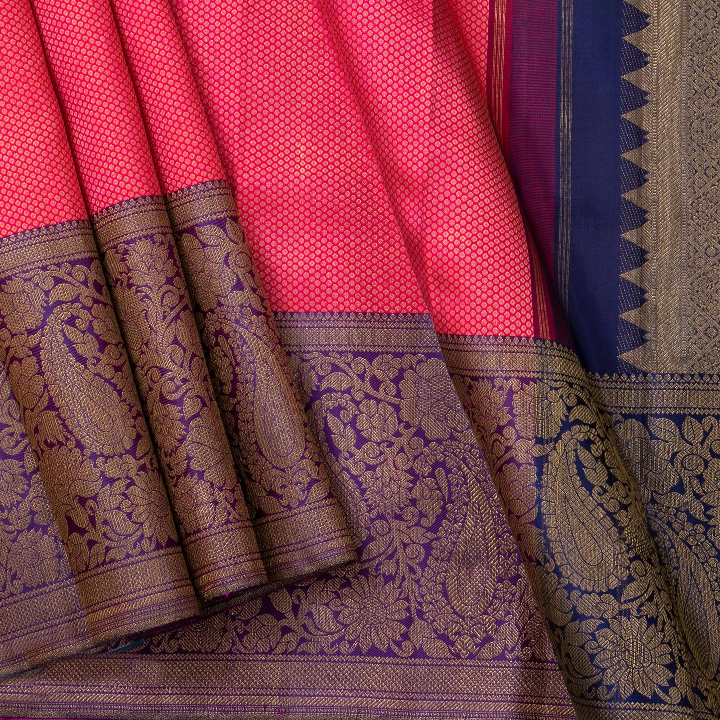 Pink And Dark Blue Kanchipuram Silk Saree With Korvai Contrast Border For Bridal Wear PV NYC 1594