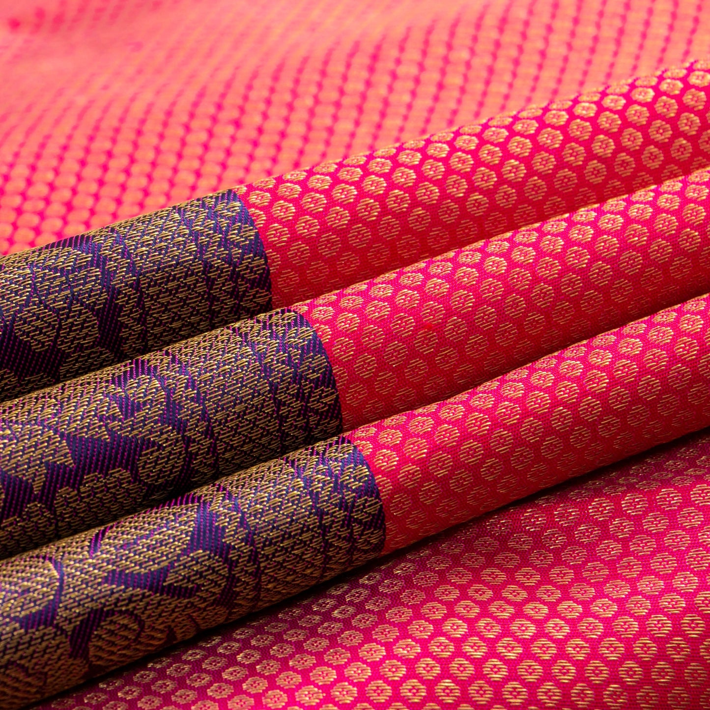 Pink And Dark Blue Kanchipuram Silk Saree With Korvai Contrast Border For Bridal Wear PV NYC 1594
