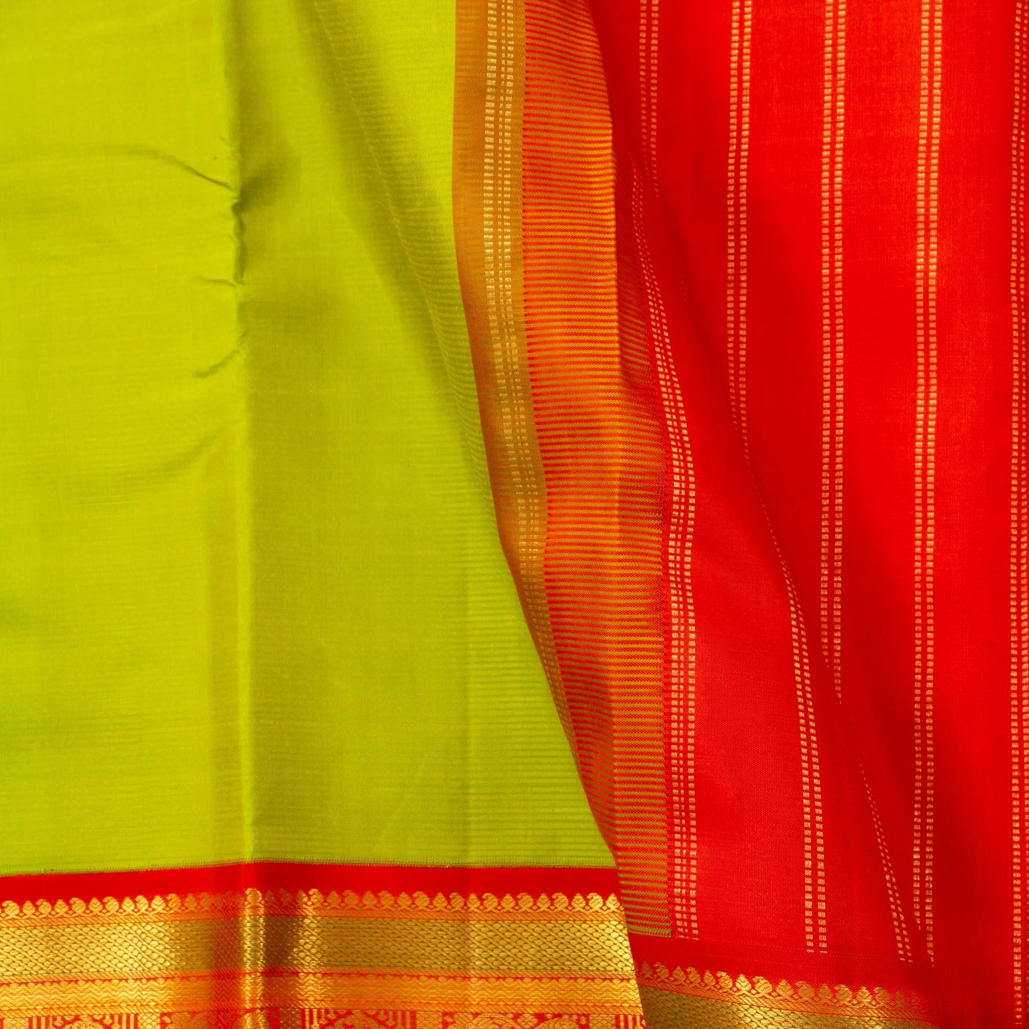 Parrot Green And Red Kanchipuram Silk Saree With Korvai Border For Wedding Wear PV NYC 1725