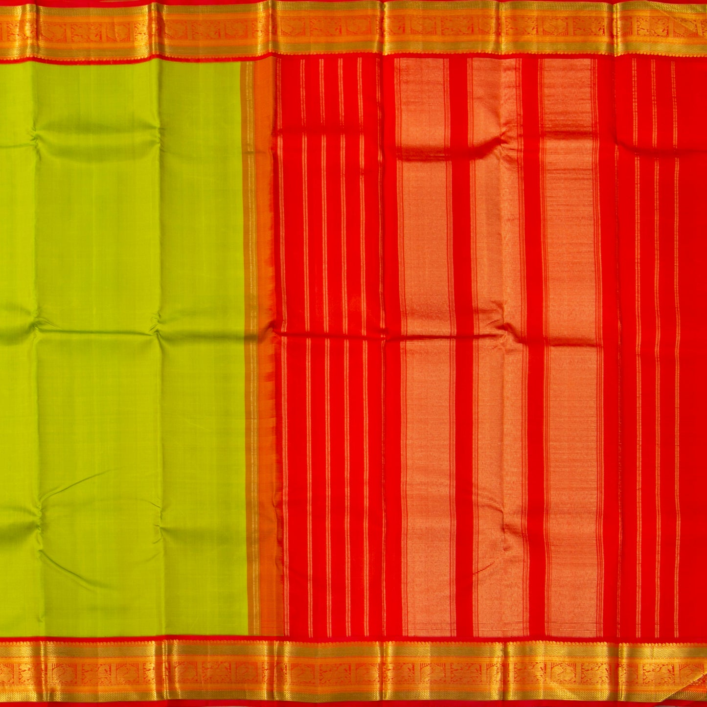 Parrot Green And Red Kanchipuram Silk Saree With Korvai Border For Wedding Wear PV NYC 1725