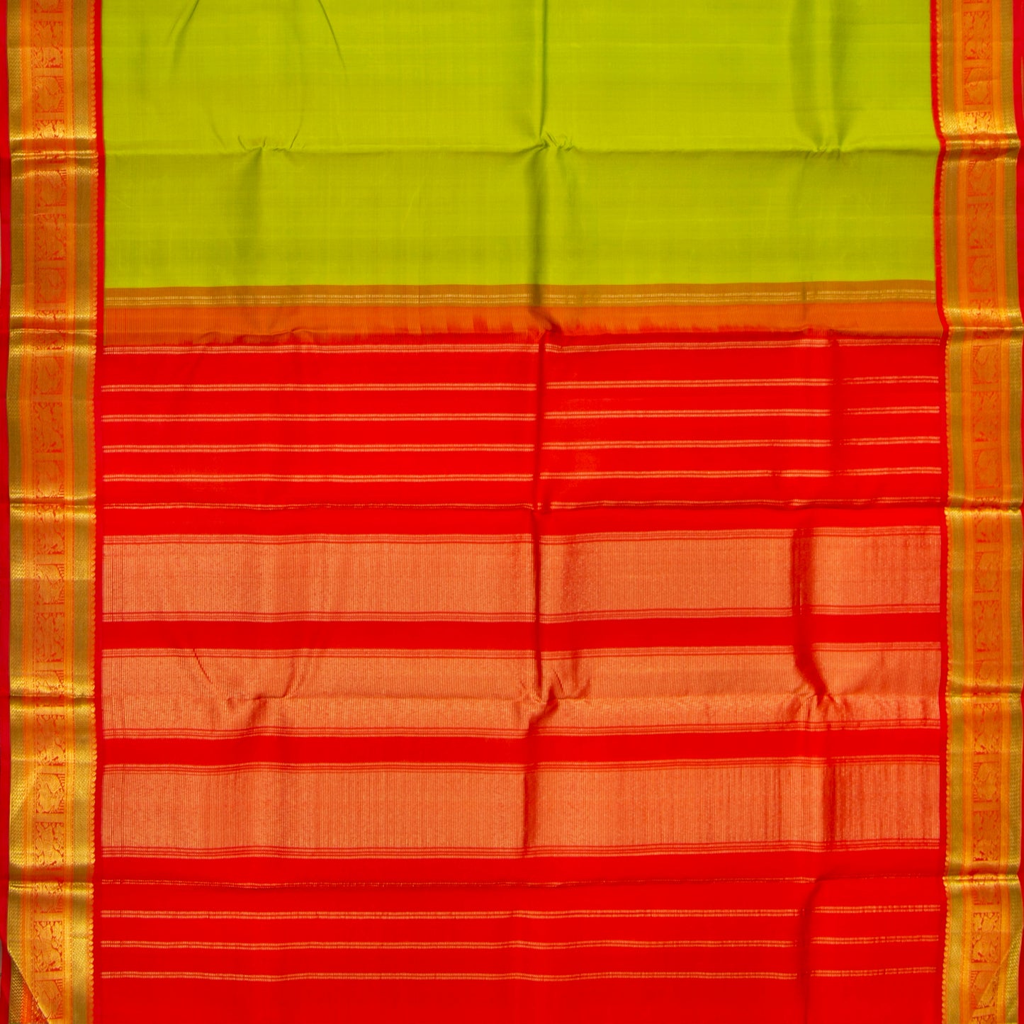Parrot Green And Red Kanchipuram Silk Saree With Korvai Border For Wedding Wear PV NYC 1725