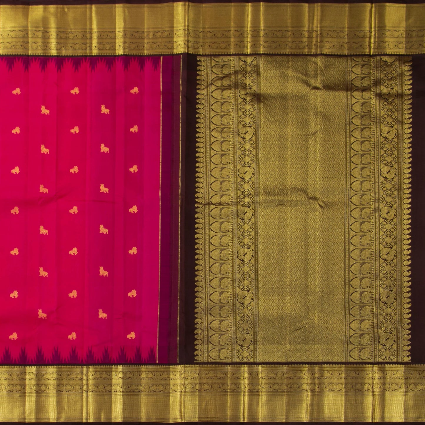 Rani Pink And Dark Brown Kanchipuram Silk Saree With Temple Korvai Border For Wedding Wear PV NYC 1717