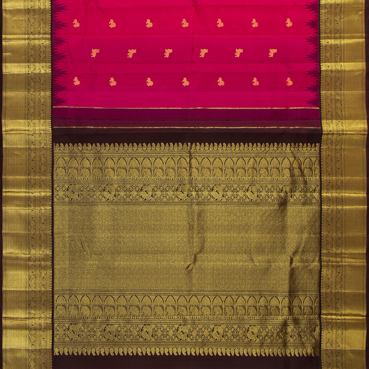 Rani Pink And Dark Brown Kanchipuram Silk Saree With Temple Korvai Border For Wedding Wear PV NYC 1717