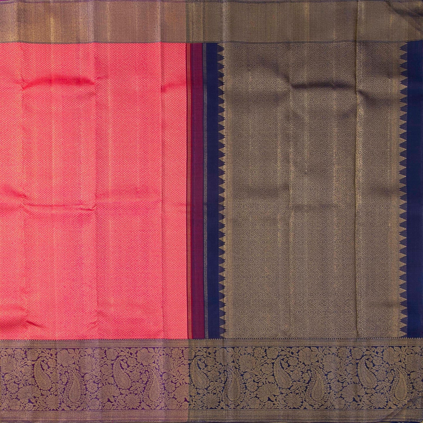 Pink And Dark Blue Kanchipuram Silk Saree With Korvai Contrast Border For Bridal Wear PV NYC 1594