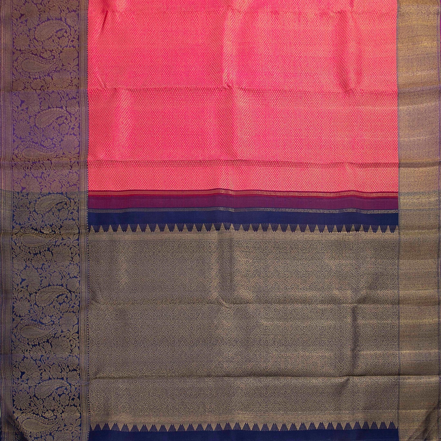 Pink And Dark Blue Kanchipuram Silk Saree With Korvai Contrast Border For Bridal Wear PV NYC 1594