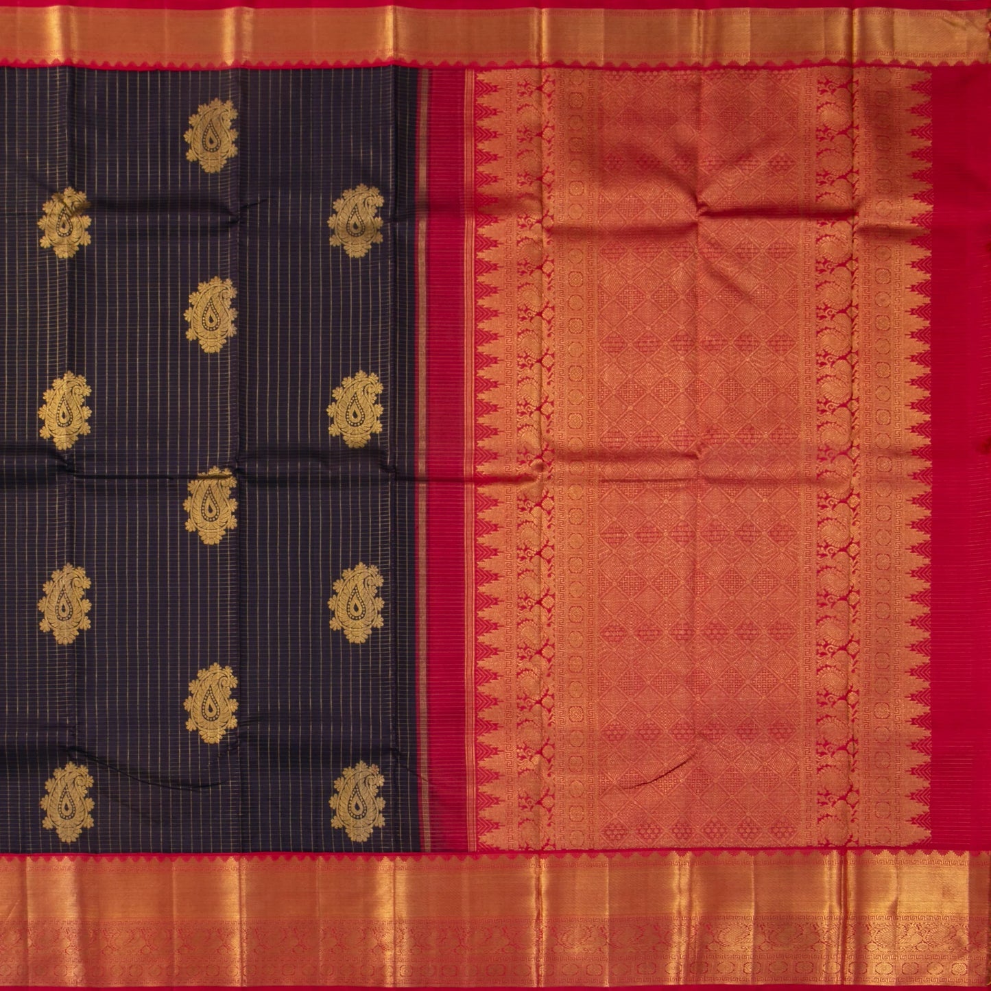 Dark Purple And Red Kanchipuram Silk Saree With Zari Checks For Wedding Wear PV NYC 1589