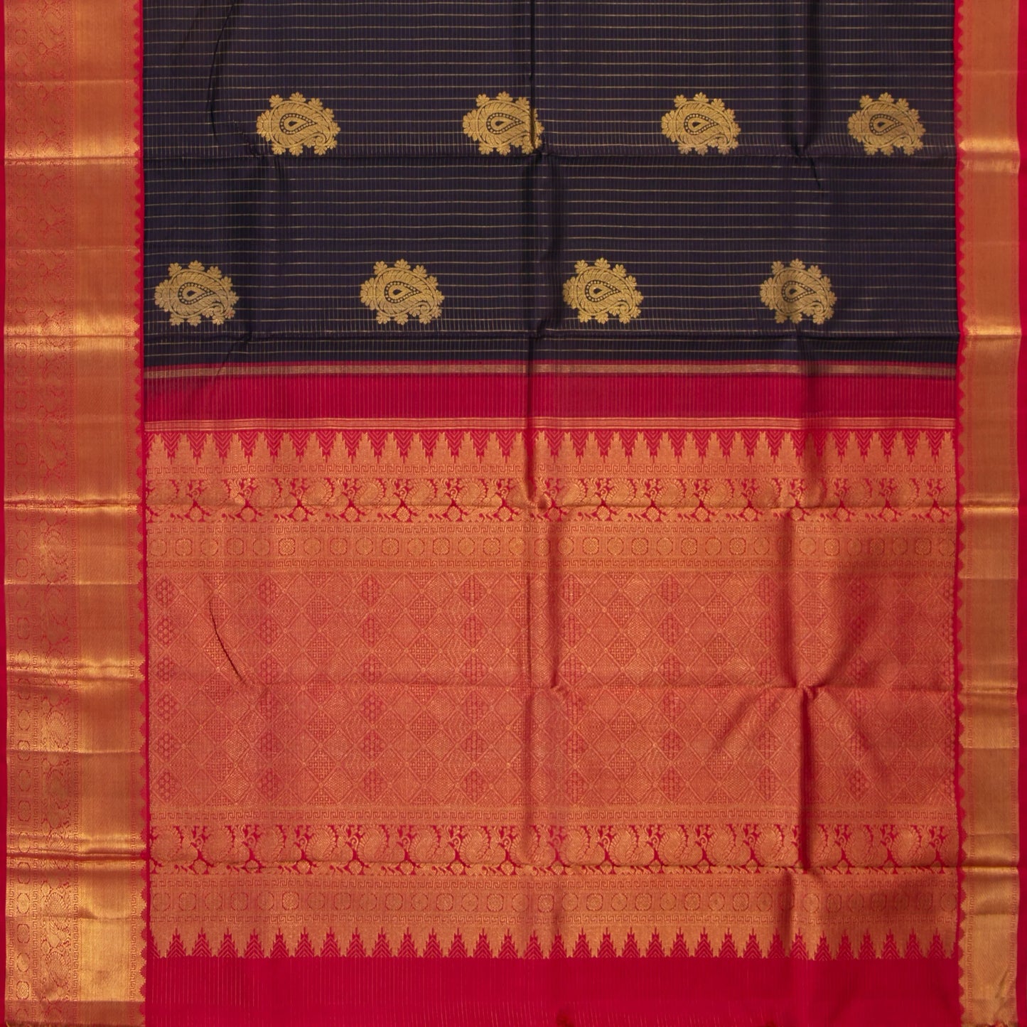 Dark Purple And Red Kanchipuram Silk Saree With Zari Checks For Wedding Wear PV NYC 1589