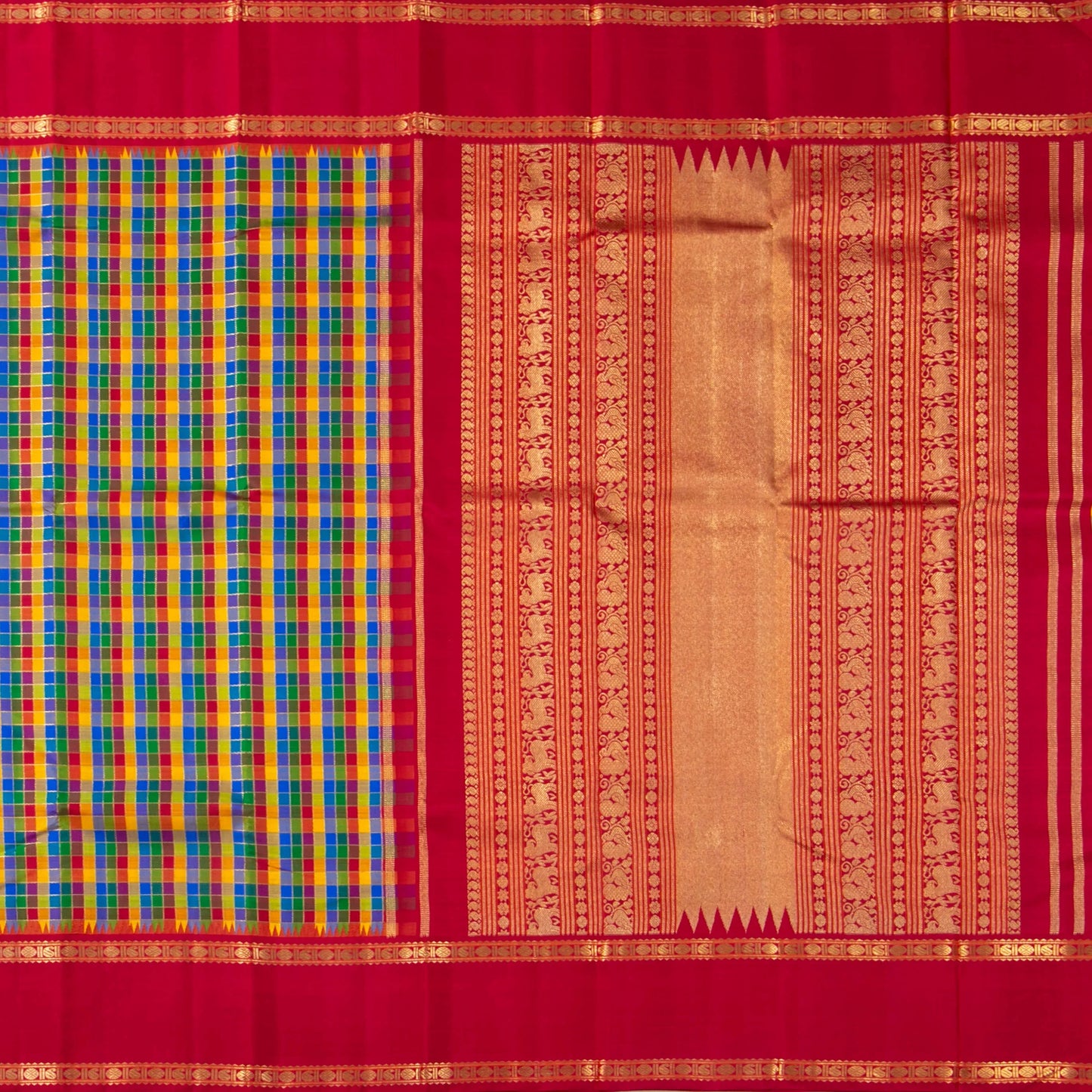 Multicolour Checks Kanchipuram Silk Saree With Red Temple Korvai Border For Wedding Wear PV NYC 1631