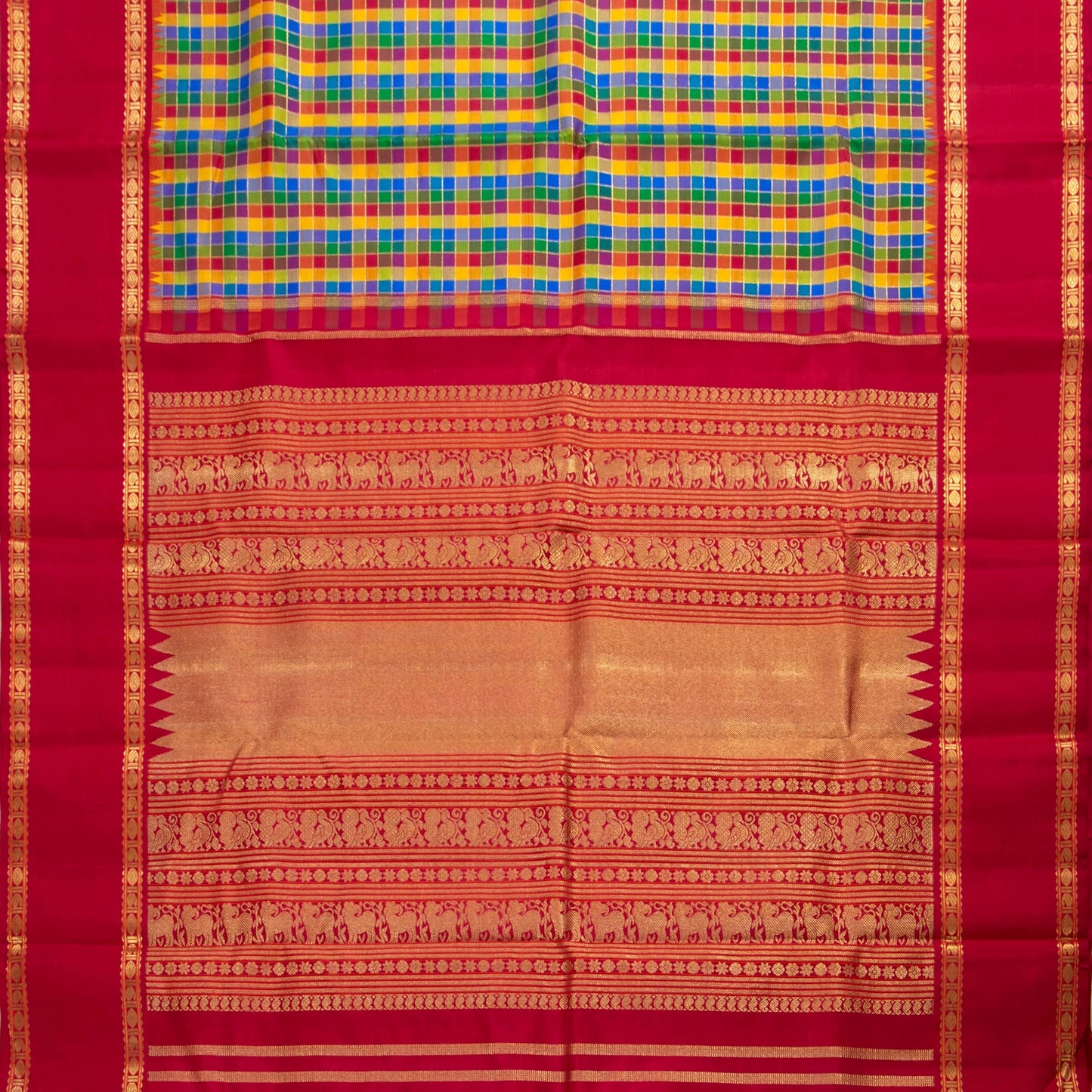 Multicolour Checks Kanchipuram Silk Saree With Red Temple Korvai Border For Wedding Wear PV NYC 1631