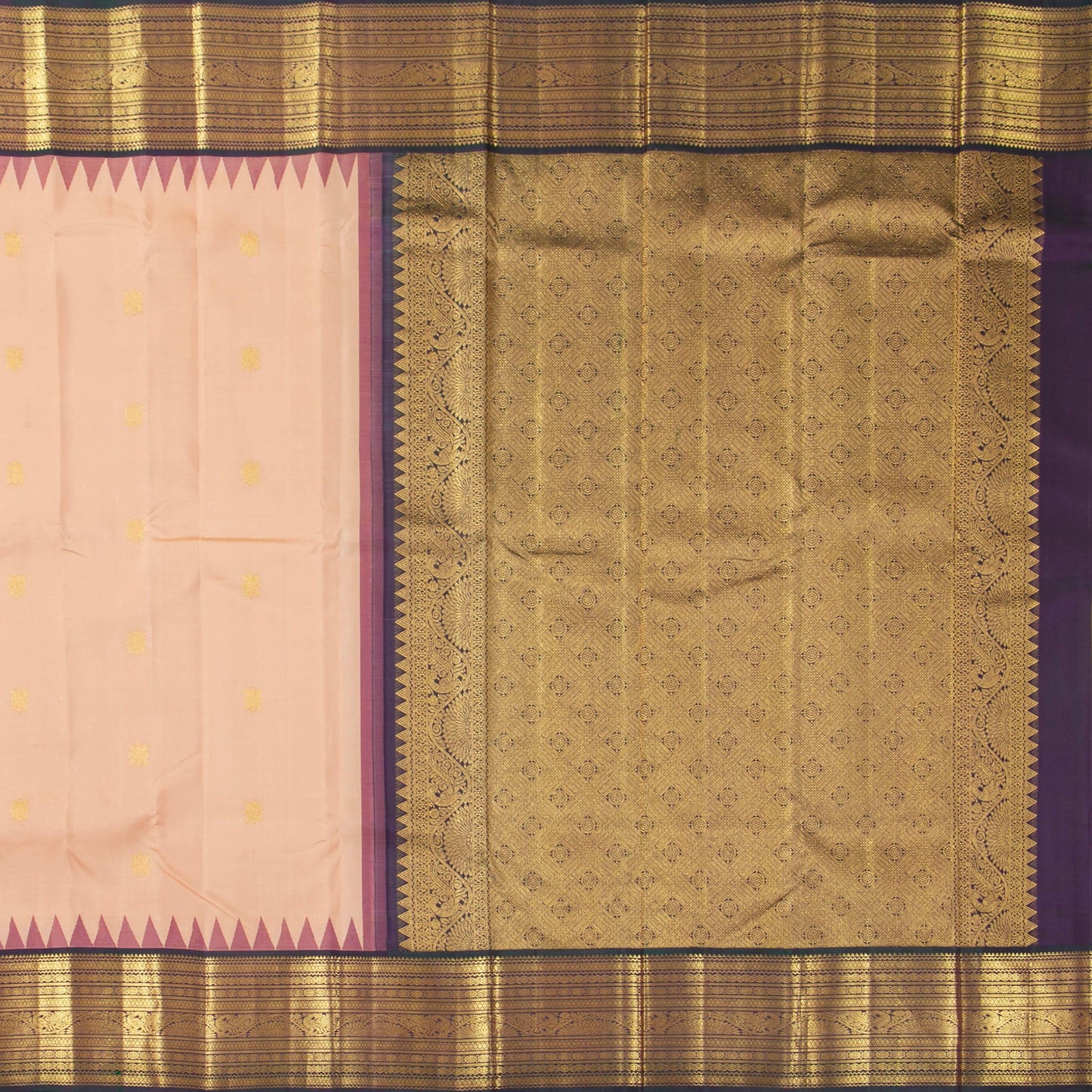 Pastel Peach And Purple Kanchipuram Silk Saree With Temple Korvai Border For Wedding Wear PV NYC 1713