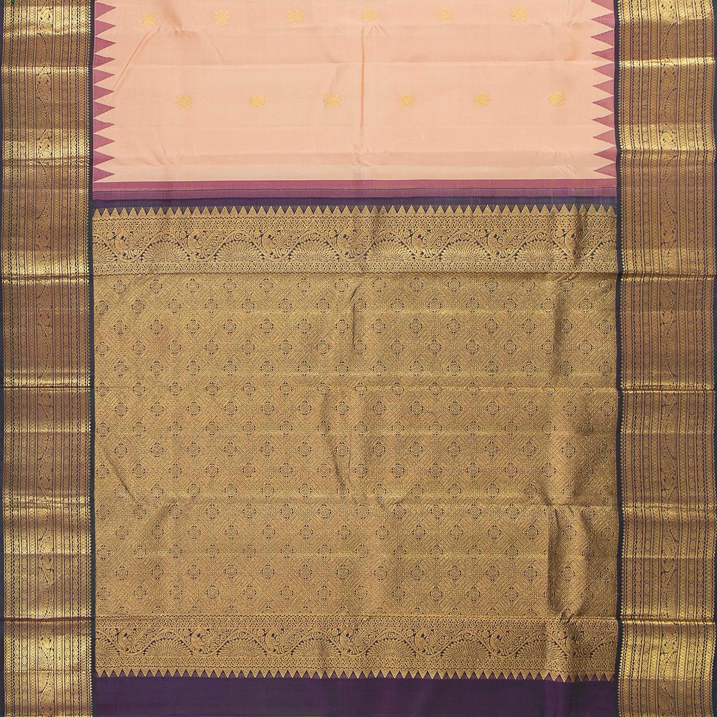 Pastel Peach And Purple Kanchipuram Silk Saree With Temple Korvai Border For Wedding Wear PV NYC 1713