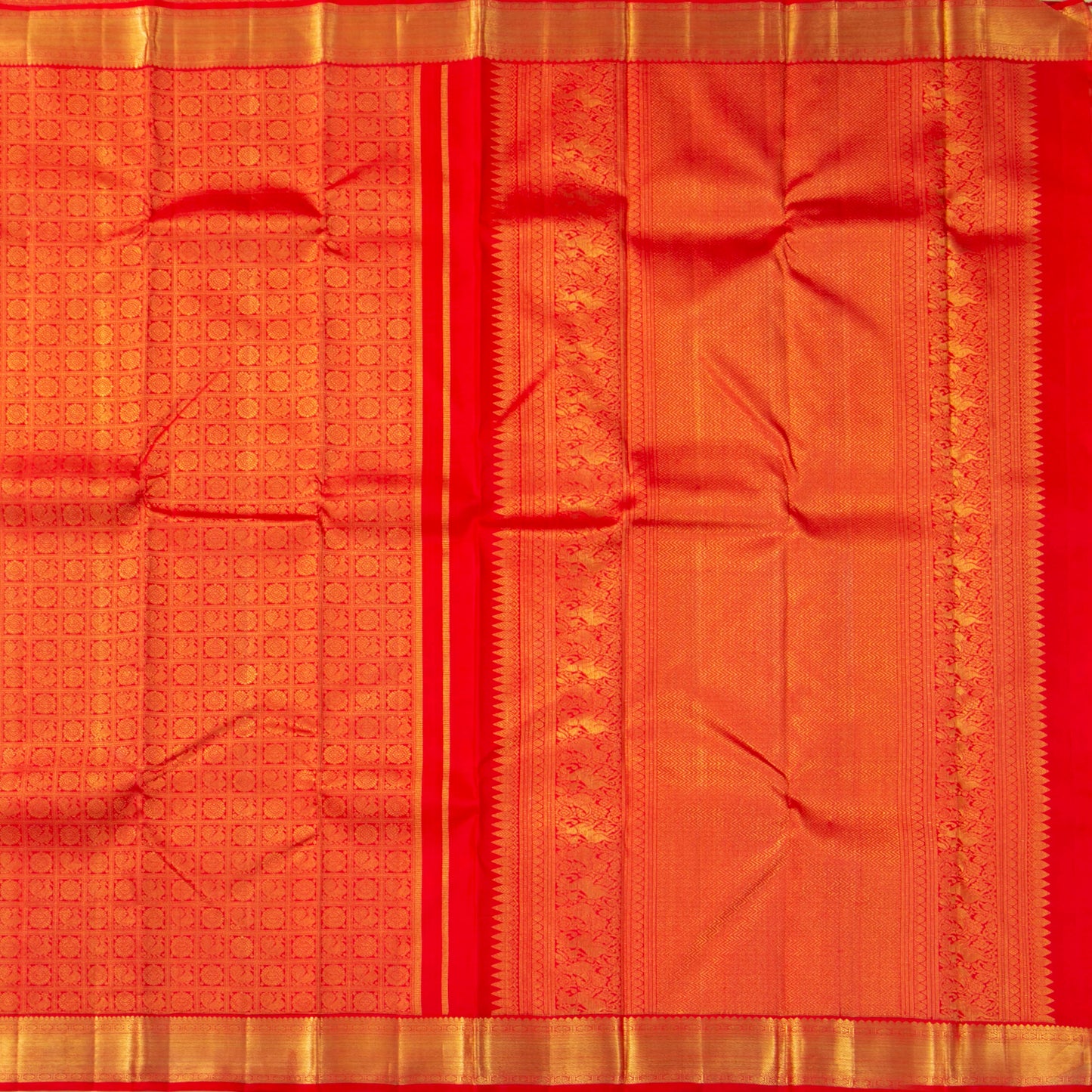 Red Kanchipuram Silk Saree With Chakram And Annam Motifs For Bridal Wedding Wear PV NYC 1733