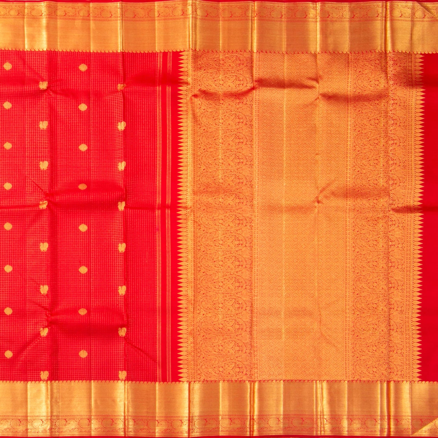 Red Kanchipuram Silk Saree With Zari Checks For Bridal Wear PV NYC 1622