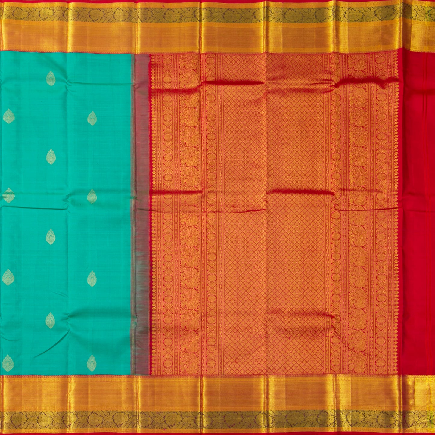 Turquoise And Red Kanchipuram Silk Saree For Bridal Wear PV NYC 1665