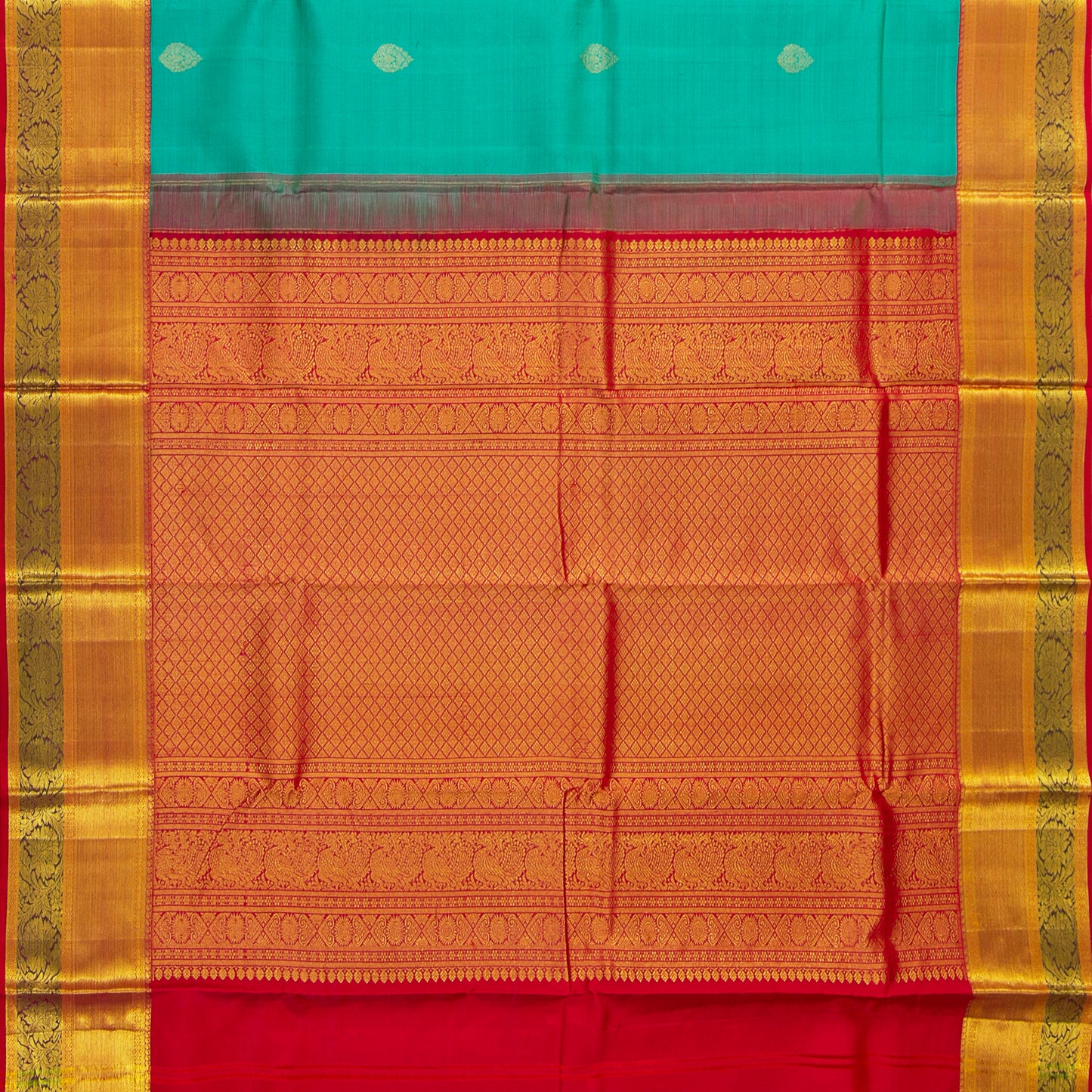 Turquoise And Red Kanchipuram Silk Saree For Bridal Wear PV NYC 1665