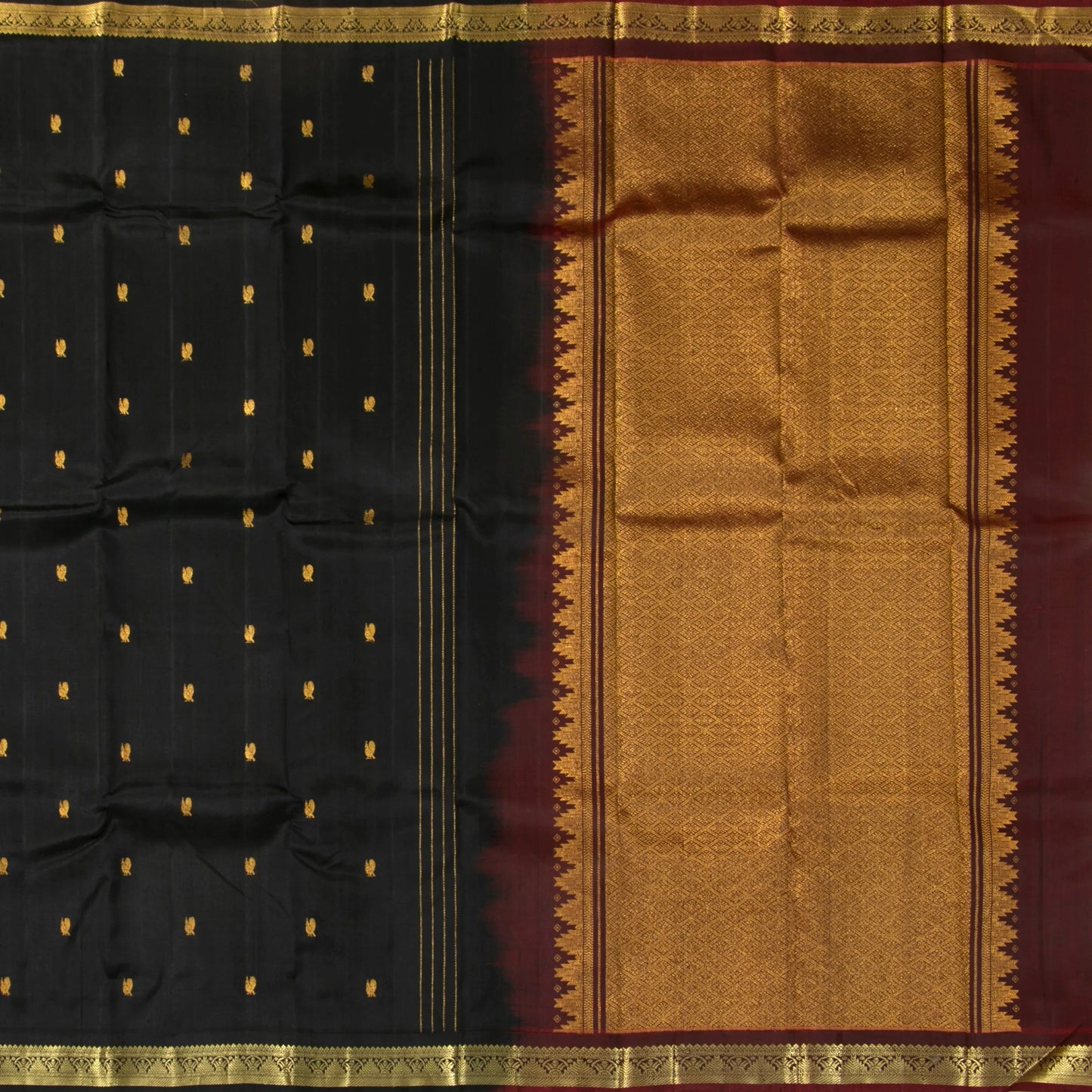 Black And Maroon Kanchipuram Silk Saree For Festive Wear PV NYC 1660