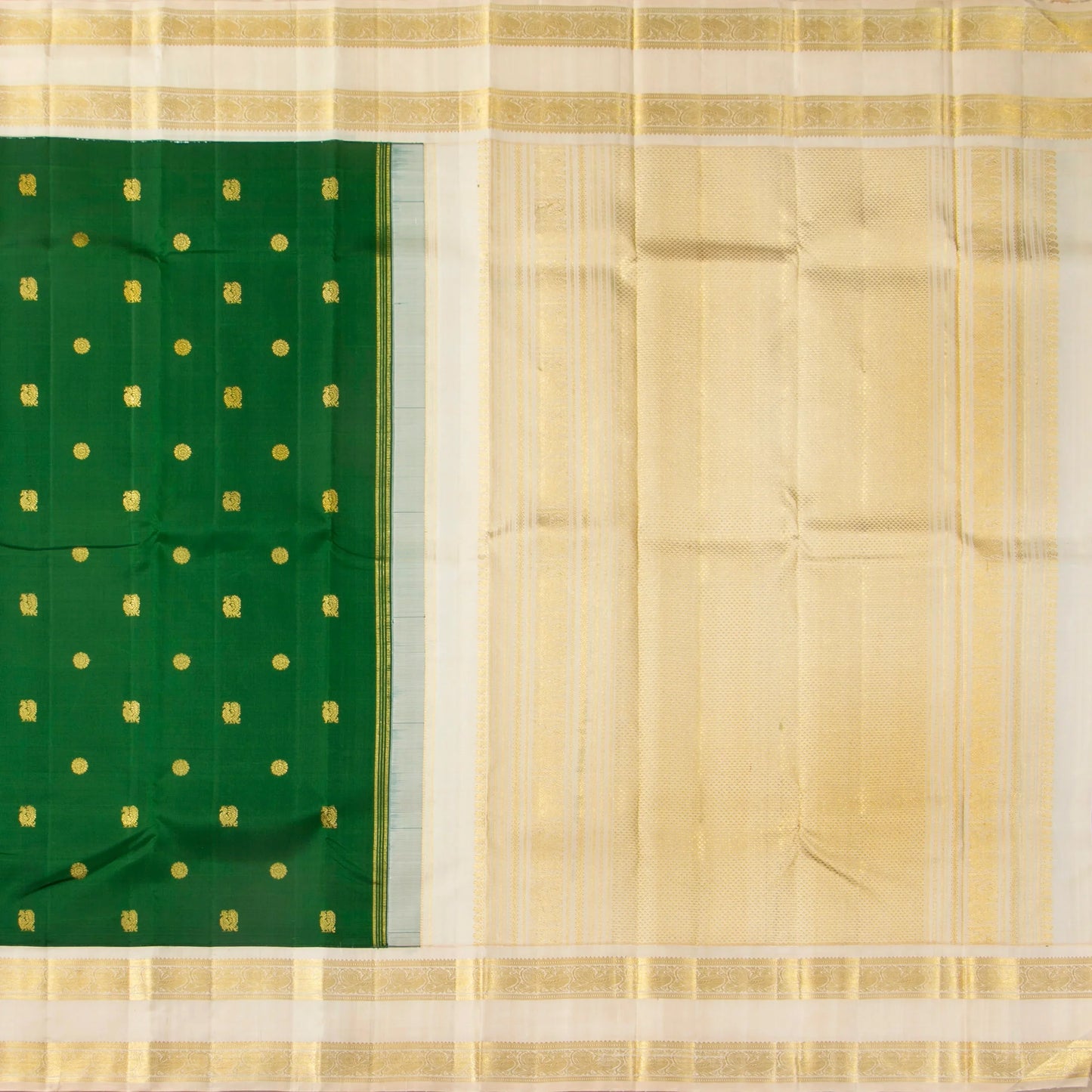 Bottle Green And Off White Kanchipuram Silk Saree With Rettai Pettu Border For Wedding Wear PV NYC 1623