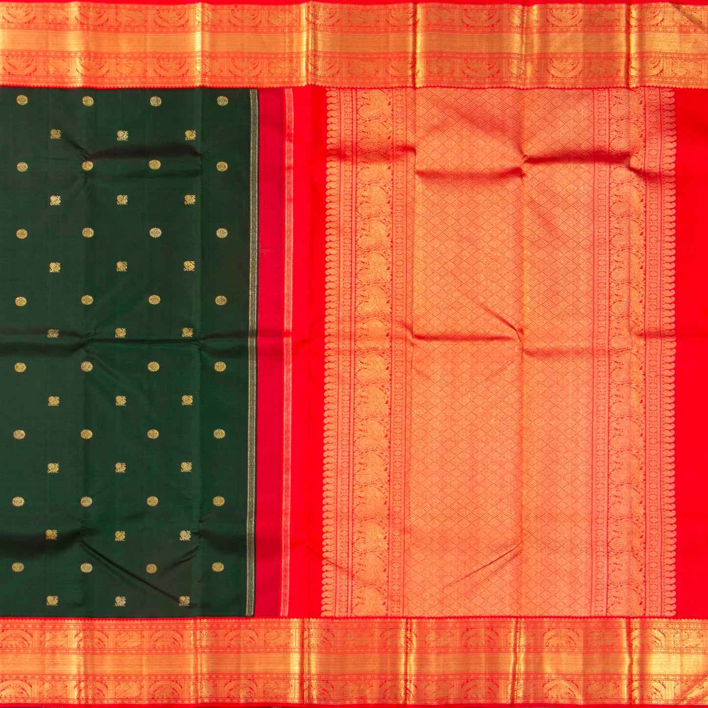Bottle Green And Red Kanchipuram Silk Saree With Korvai Border For Wedding Wear PV NYC 1651