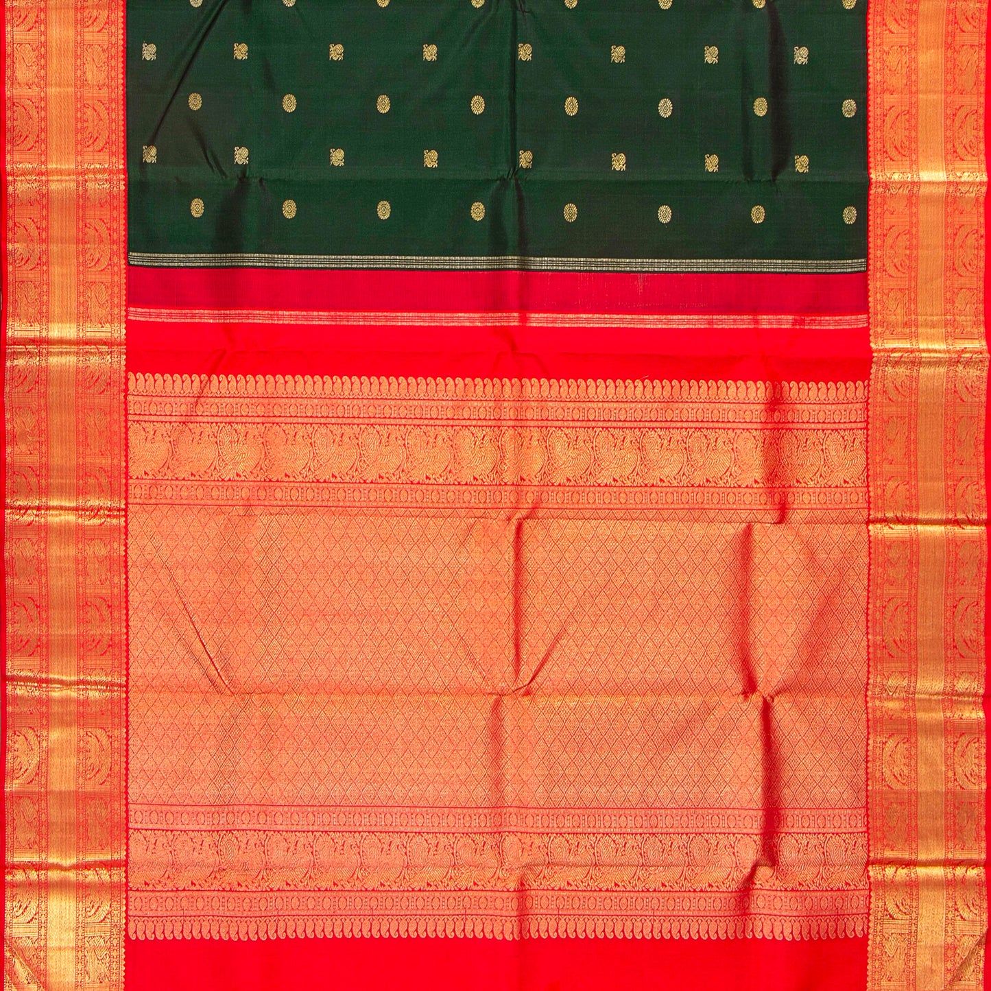 Bottle Green And Red Kanchipuram Silk Saree With Korvai Border For Wedding Wear PV NYC 1651