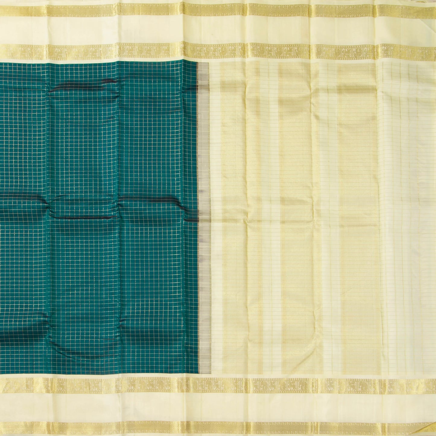 Green And Beige Kanchipuram Silk Saree With Zari Checks For Wedding Wear PV NYC 1670
