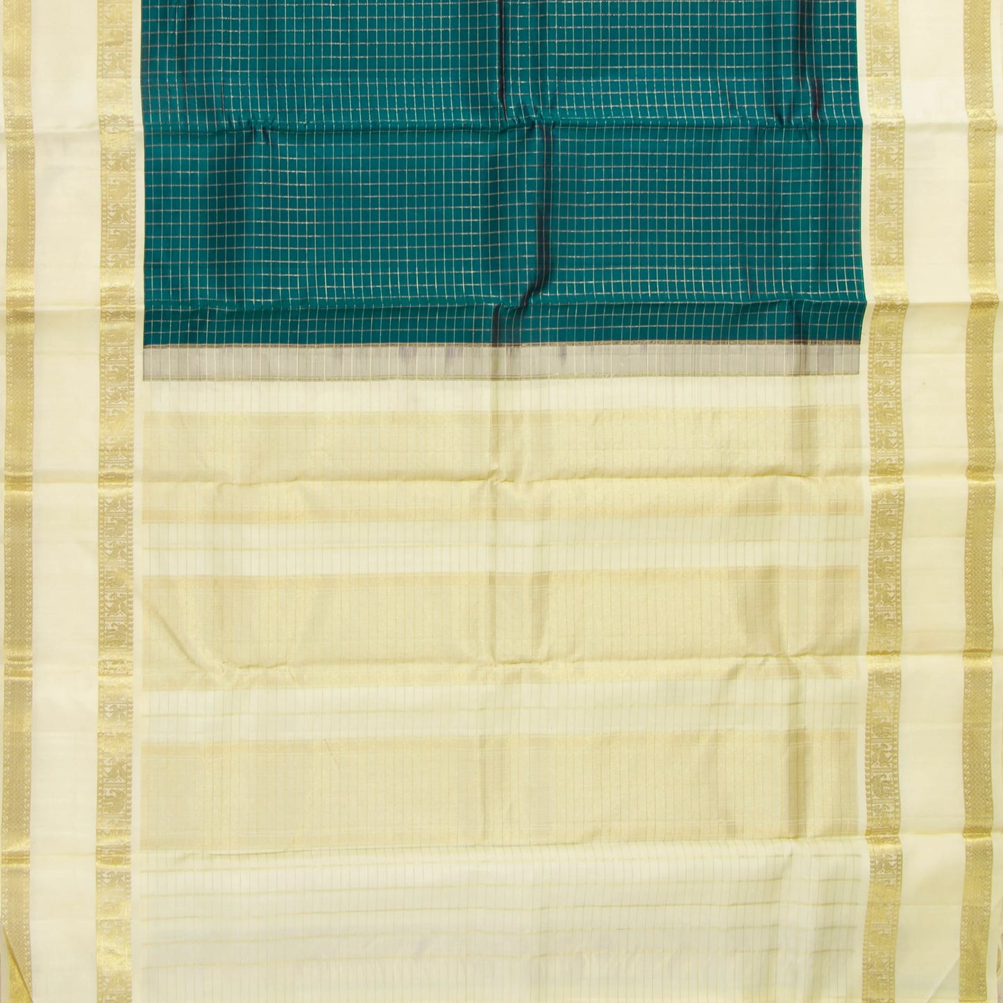 Green And Beige Kanchipuram Silk Saree With Zari Checks For Wedding Wear PV NYC 1670