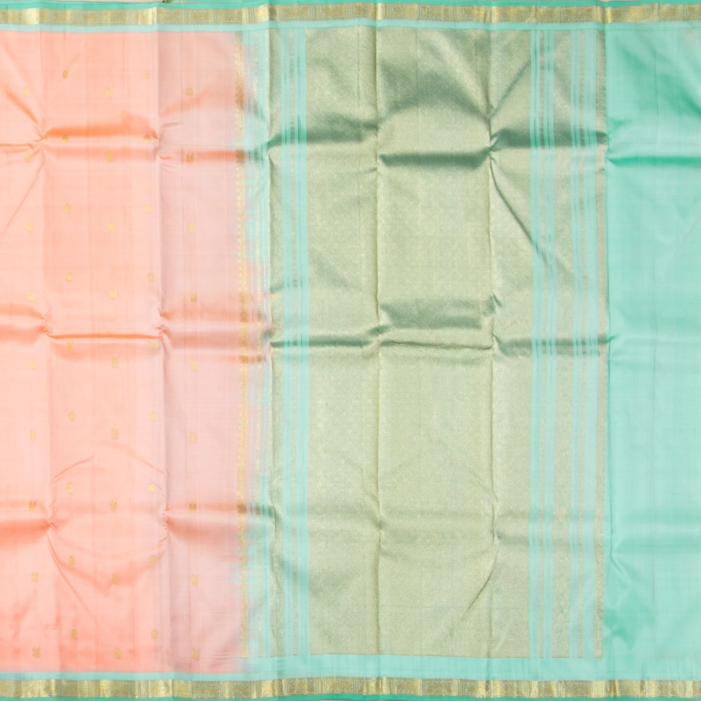 Peach And Pastel Green Kanchipuram Silk Saree For Festive Wear PV NYC 1678