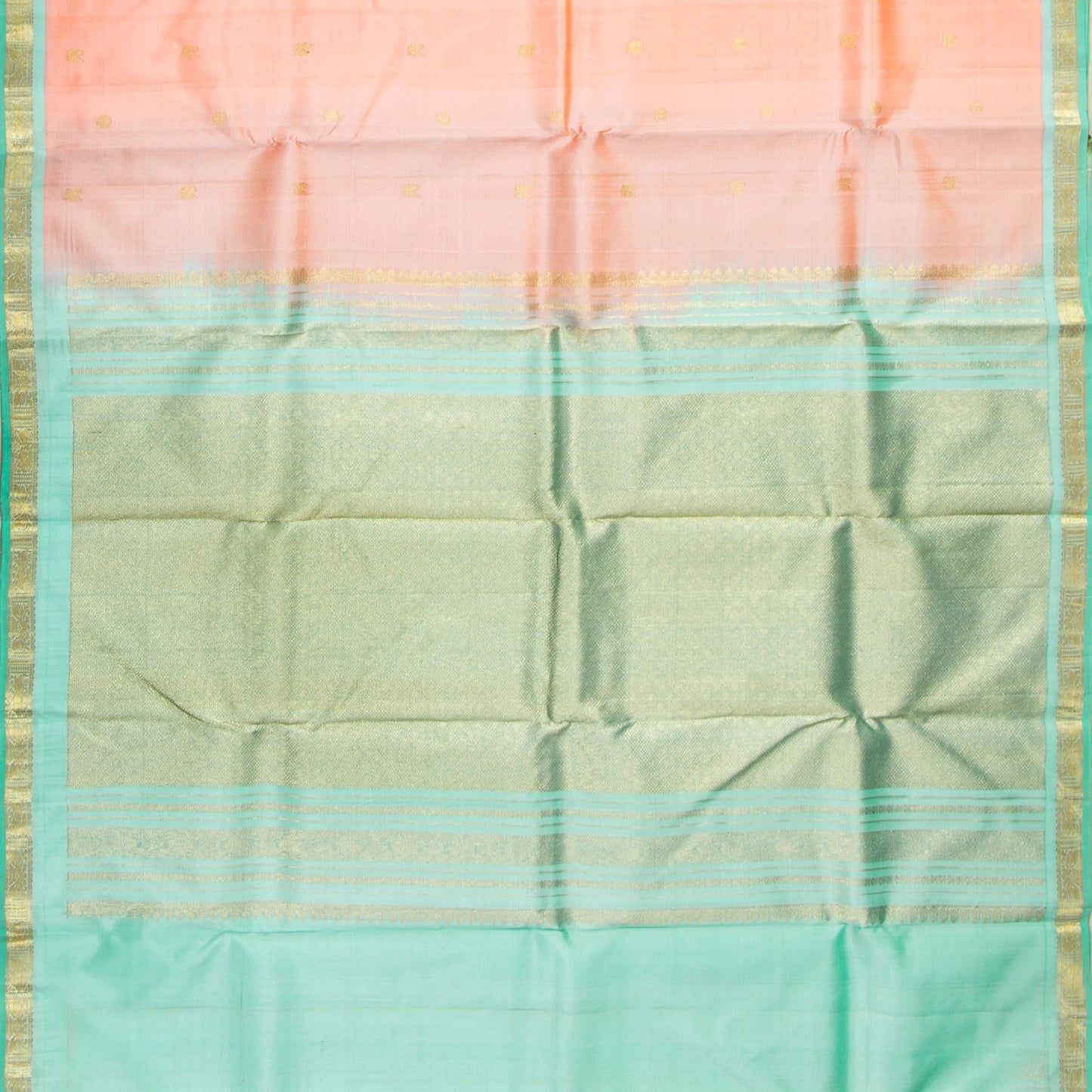 Peach And Pastel Green Kanchipuram Silk Saree For Festive Wear PV NYC 1678