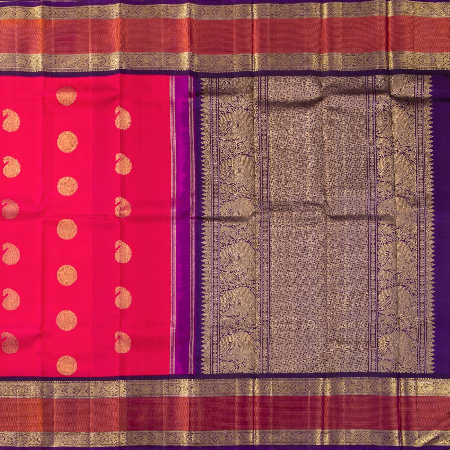 Pink And Purple Kanchipuram Silk Saree WIth Korvai Rettai Pettu Border For Wedding Wear PV NYC 1646