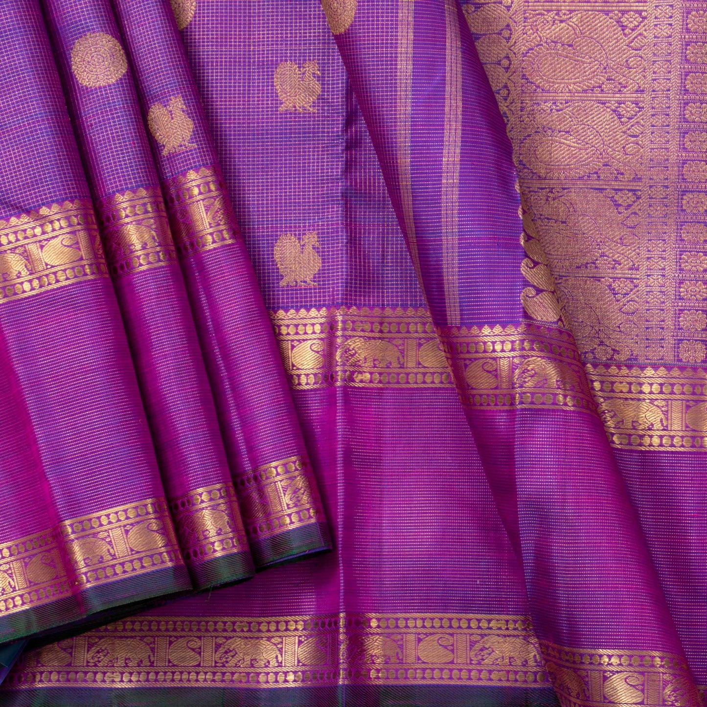 Purple Kanchipuram Silk Saree With Zari Checks For Wedding Wear PV NYC 1586