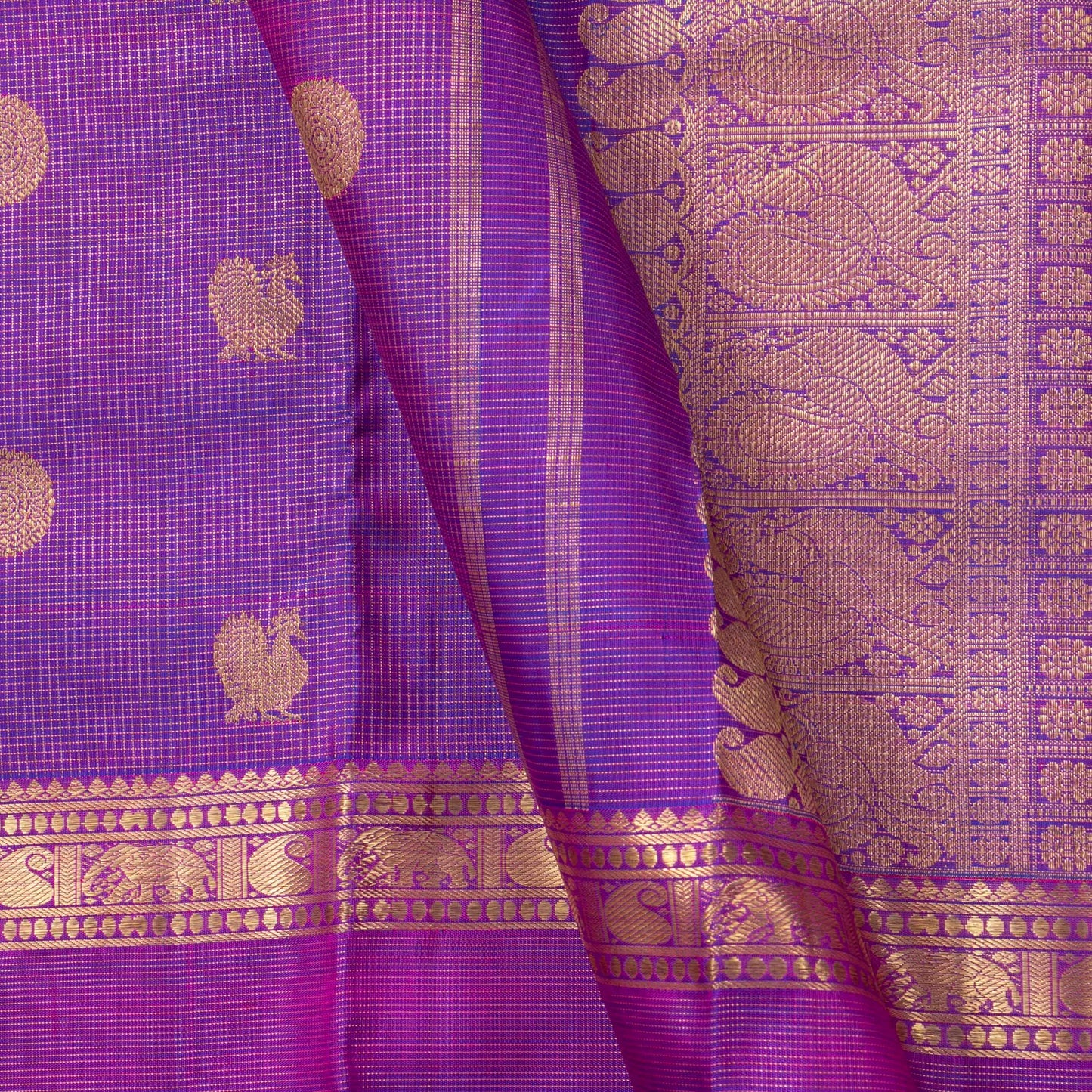 Purple Kanchipuram Silk Saree With Zari Checks For Wedding Wear PV NYC 1586