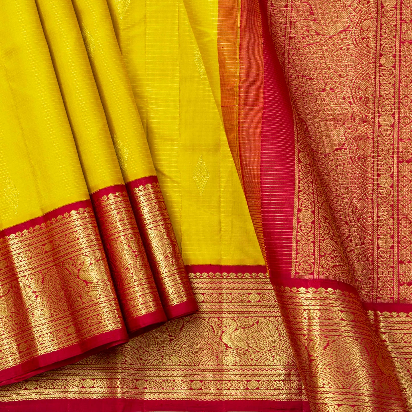 Yellow And Red Kanchipuram Silk Saree Vaira Oosi For Wedding Wear PV NYC 1581