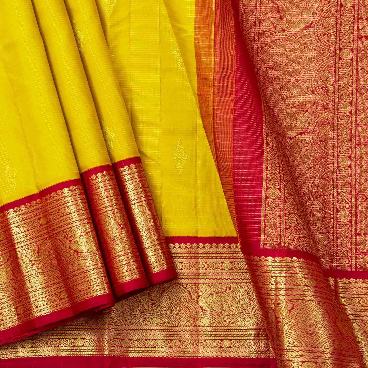 Yellow And Red Kanchipuram Silk Saree Vaira Oosi For Wedding Wear PV NYC 1581