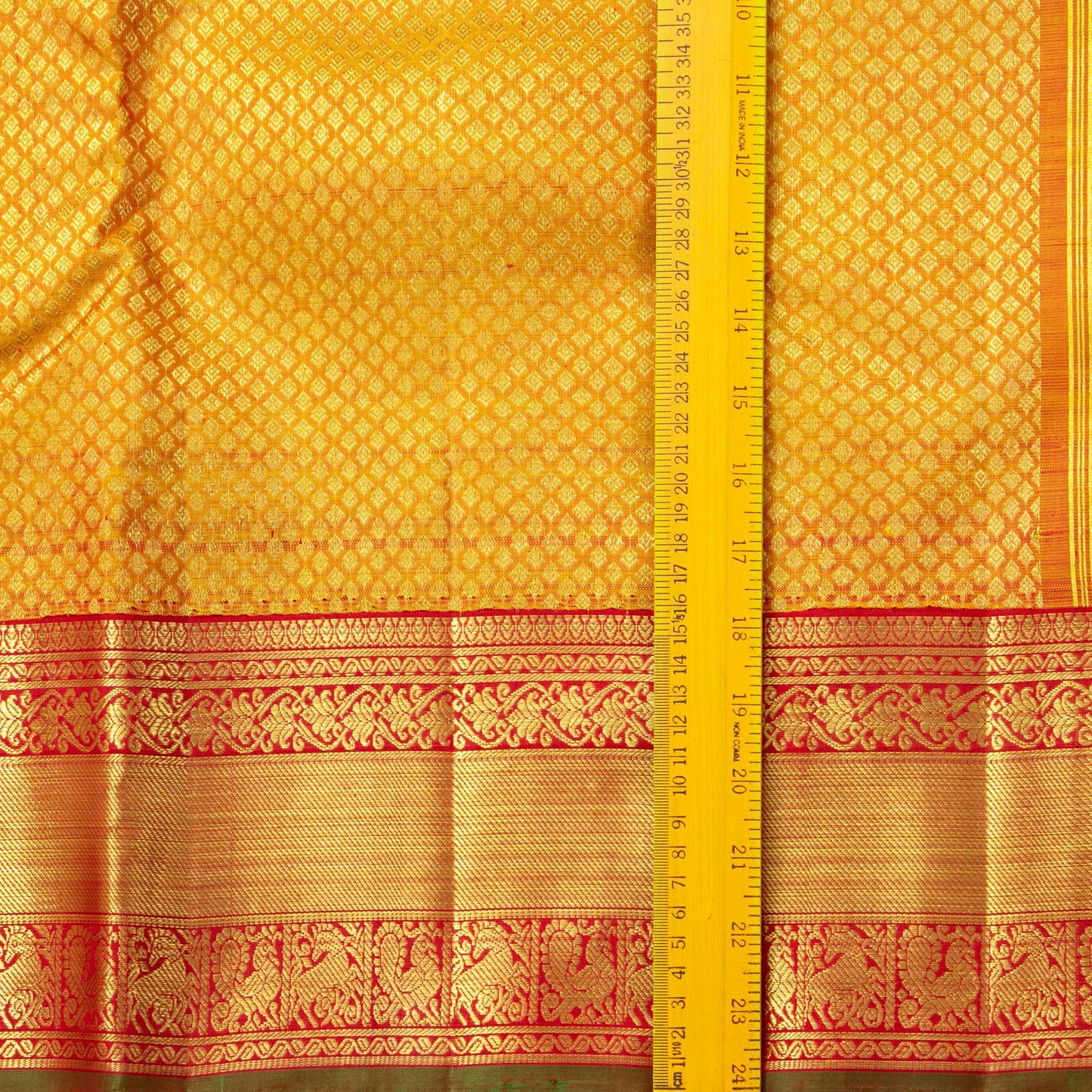 Mustard And Red Kanchipuram Silk Saree For Wedding Wear PV NYC 1656
