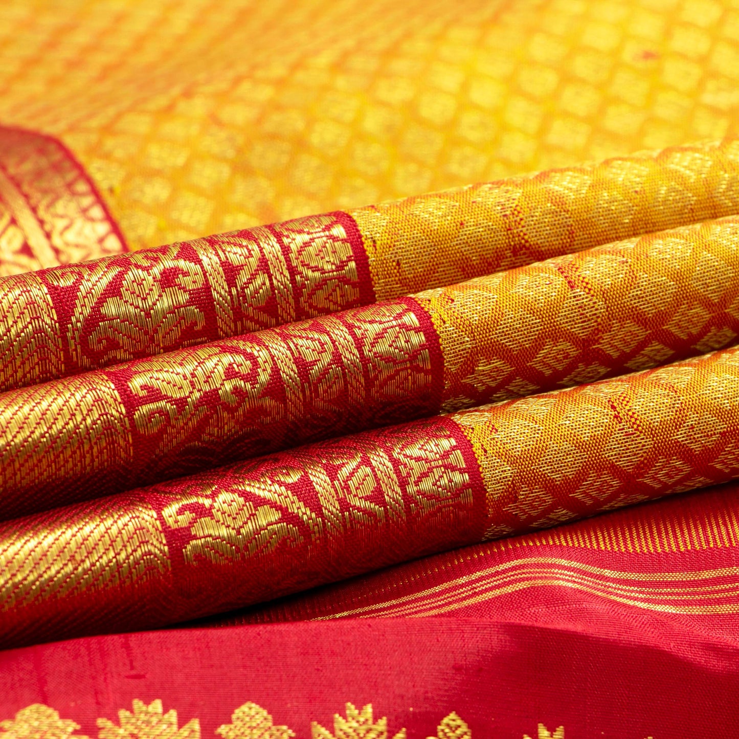 Mustard And Red Kanchipuram Silk Saree For Wedding Wear PV NYC 1656