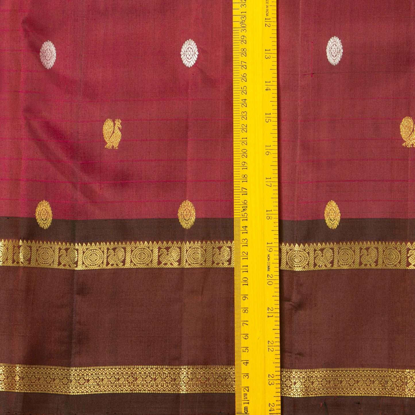 Maroon And Brown Kanchipuram Silk Saree With Rettai Pettu Border And Silver And Gold Zari For Festive Wear PV NYC 1608