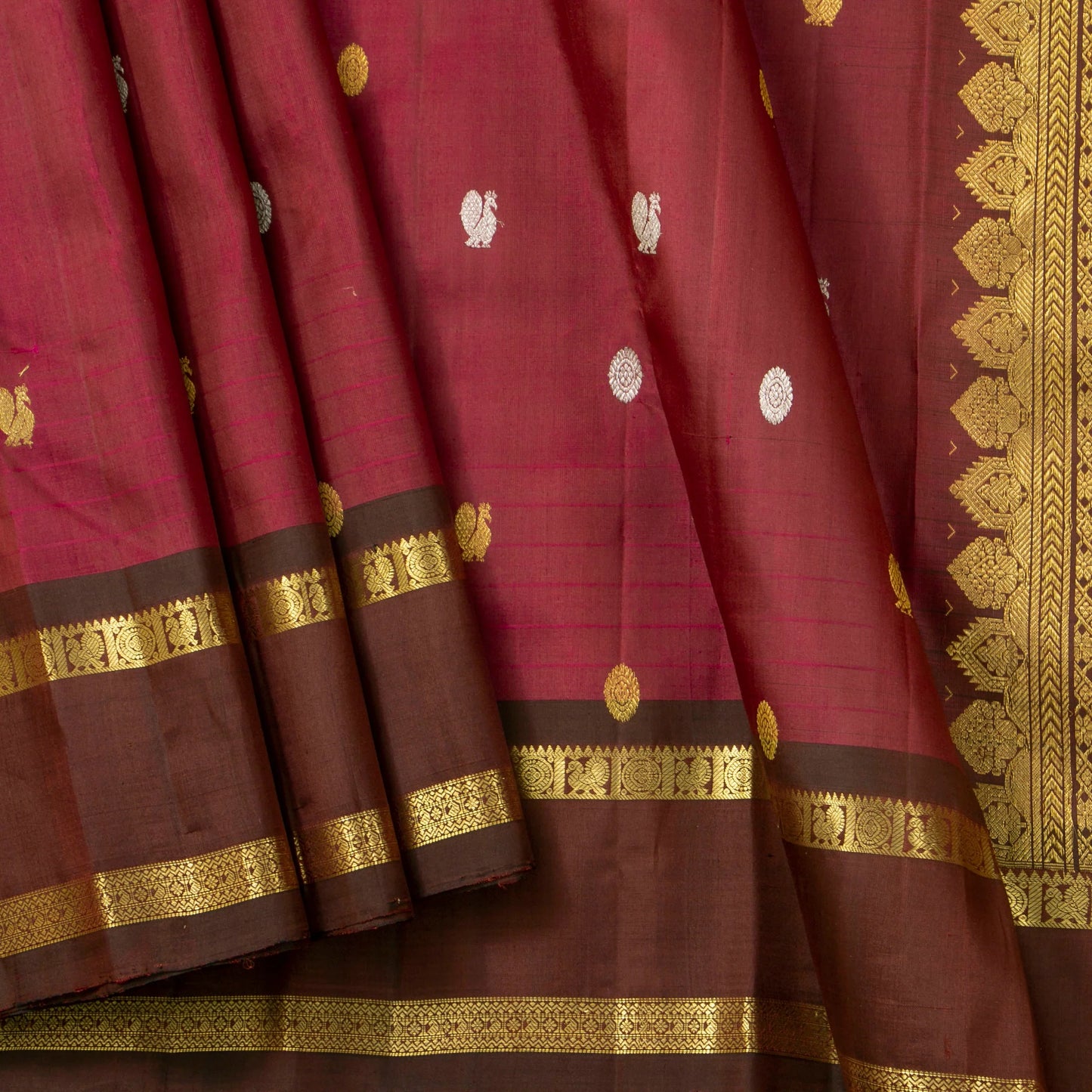 Maroon And Brown Kanchipuram Silk Saree With Rettai Pettu Border And Silver And Gold Zari For Festive Wear PV NYC 1608