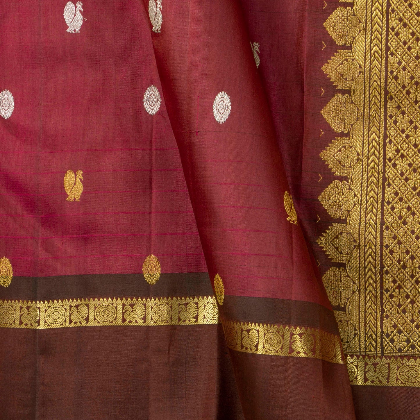 Maroon And Brown Kanchipuram Silk Saree With Rettai Pettu Border And Silver And Gold Zari For Festive Wear PV NYC 1608